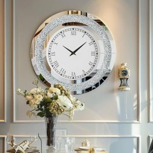 60/80CM Bling Silver Round Mirror Wall Clock – Glam Sparkle Mirrored Clock for Home Décor