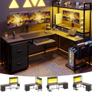 L-Shaped Gaming Desk with Keyboard Tray – Reversible Computer Desk with Power Outlet, Corner Home Office Desk with Mobile File Cabinet