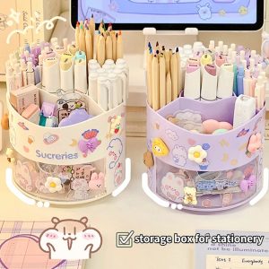 Cute Rotating Pen Holder with Drawer – Kawaii Stationery Storage Box Organizer for School & Office Desks