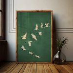 Emerald Green Cranes Poster – Japanese-Inspired Large Bird Artwork with Gold Accents on Canvas for Living Room & Home Décor