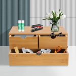 Bamboo Desk Organizer – Wooden Letter Tray with Drawers & Mini Shelf for Office Utensils and Storage
